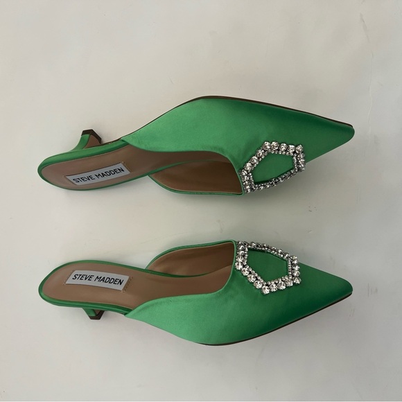 Steve Madden Green SATIN Party Kees Rhinestone Embellished Kitten Mule 6.5 Chic - Picture 11 of 11